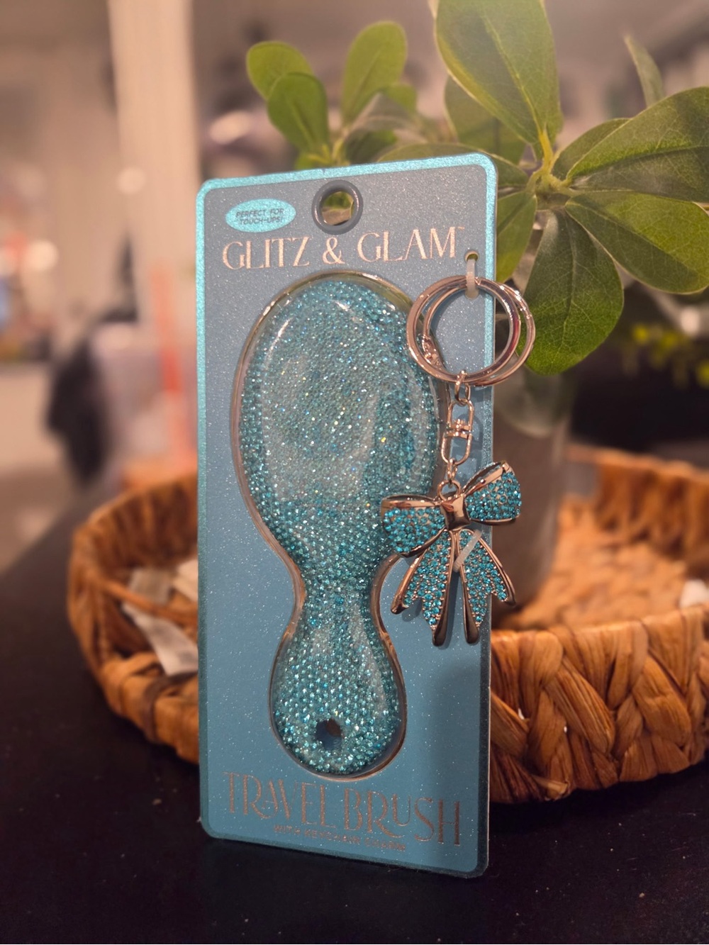 Glitz & Glamour Blue glitter travel hair brush with bow keychain charm